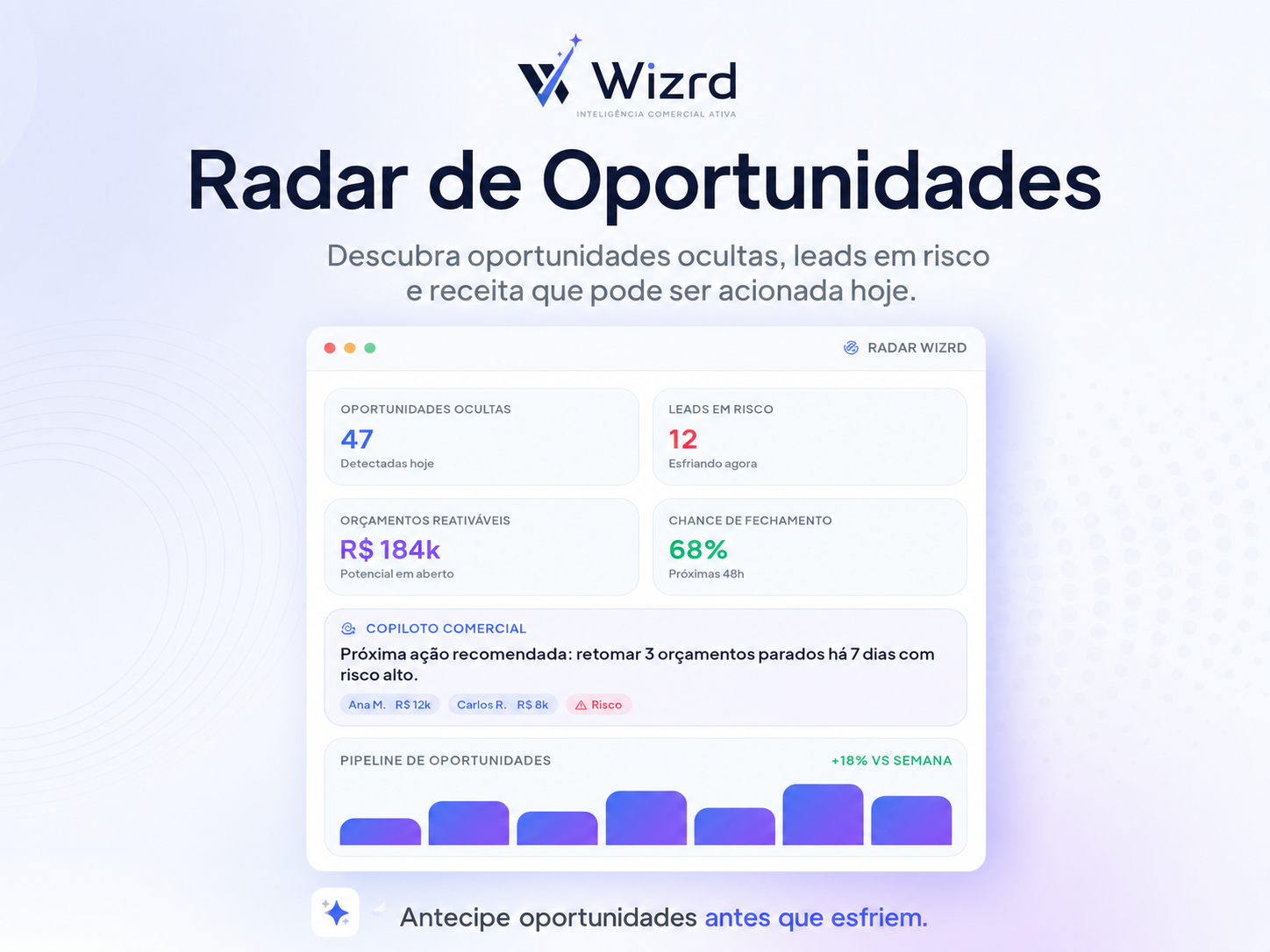 Tela oficial do Radar de Oportunidades do Wizrd com oportunidades ocultas e leads em risco